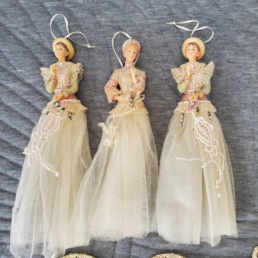 Vintage Victorian Style Ornaments X9 Women & Chairs Handmade Large Off-White Set